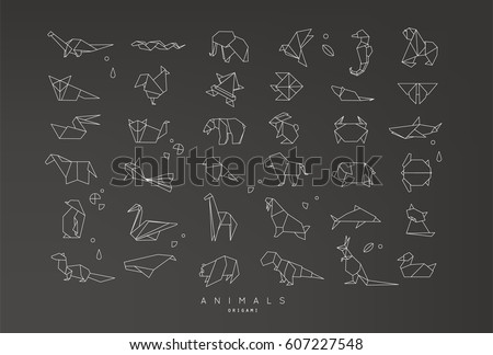 Set of animals origami in flat style snake, elephant, bird, seahorse, frog, fox, mouse, butterfly, pelican, wolf, bear, rabbit, crab, horse, fish, monkey, pig, turtle, kangaroo on black background