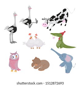 Set of animals: ostrich, elephant, crocodile, chicken, bear, cow, owl.
Flat vector  cartoon isolated illustration with texture. Can be used for postcards, posters, greeting cards, packaging etc.