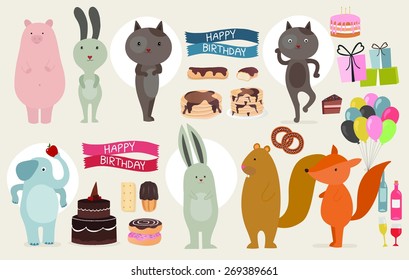 Set of animals and party illustration.