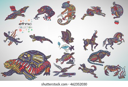 Set of animals patterns with hand-drawn doodle waves and lines. Bird, frog, chameleon, rabbit, squirrel, iguana, butterfly, mountain goat, horse, turtle, leopard, dog, crab, swallow.