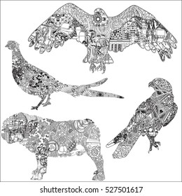 A set of animals with patterns, symbols, ornaments symbolizing a particular country. 4 black and white isolated animals. The dog, hawk, eagle, pheasant.