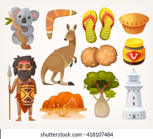 Set of animals, people, elements and items associated with australia