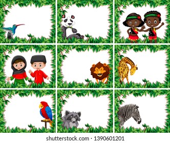 Set of animals and people in nature frame illustration