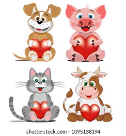 Set of animals. Pets: cat, pig, dog and cow. Vector illustration on white isolated background.