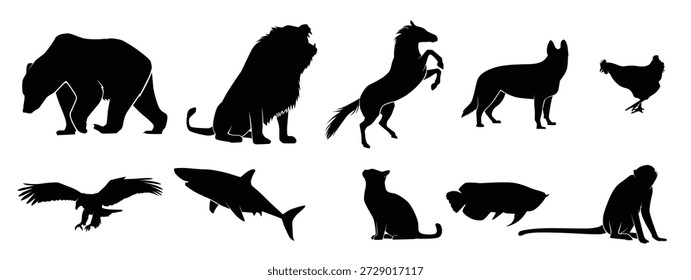 Conjunto de animales Silueta de mascotas aislado en un blanco