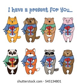 Set of animals and pets in winter scarf folding gifts, presents, cartoon vector illustration isolated on white background. Fox, cat, dog, panda, raccoon, pig, bear, monkey holding presents, gifts