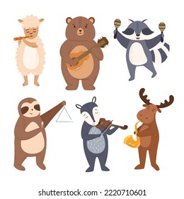 Set Of Animals Play Music. Cute Sheep, Bear, Raccoon Sloth or Moose Playing On Different Instruments Flute, Guitar, Maracas, Violin and Saxophone. Musical Band Performance. Cartoon Vector Illustration