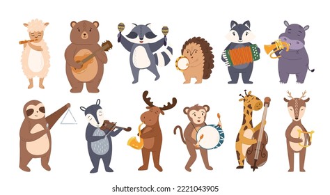 Set Of Animals Play Music. Cute Sheep, Bear, Raccoon And Hedgehog, Badger, Hippopotamus, Sloth And Deer With Monkey, Giraffe And Moose Playing On Different Instruments. Cartoon Vector Illustration