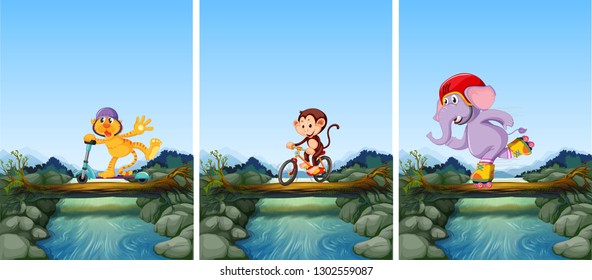 Set of animals playing extreme sport in nature illustration