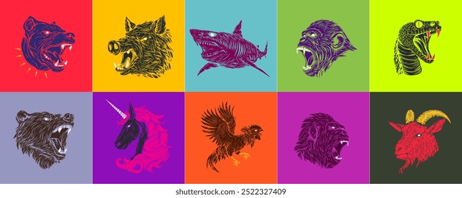 Set von Tieren in Pop Art Mode Stil. Hund, Schwein, Hai, Affe, Schlange, Bär, Einhorn, Hahn, Gorilla, Ziege. Kollektion kreative Vektorgrafik für Druck oder Tätowierung.