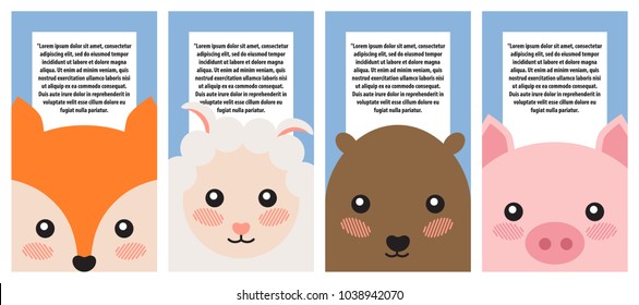 Set of animals portraits, color vector illustration, orange squirrel, cute white sheep, brown beaver, pink pig, blushes on animal`s faces, text sample