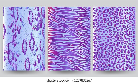 Set of Animals prints. Snakeskin, Leopard and Zebra Pattern. Cool colorful backgrounds. Pattern in synthetic and purple colors. Eps10 Vector.