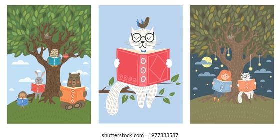 Set of animals read books near tree. Cat, owl, bear, rabbit, hedgehog and little child reading books. Children illustration, literature, storytime, education concept. 