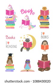 Set of animals reading books on white background. Education, reading, studying, learning vector illustration.