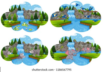 Set of animals at river scene illustration
