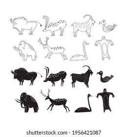 A set of animals from rock art. Prehistoric drawings. Simple style, line art. Outline.