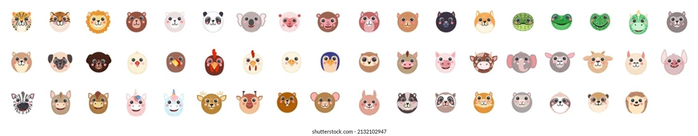 Set Animals Round avatar Cute portraits cartoon illustration flat vector raccoon, bear, sloth, panda, giraffe, fox, bunny, tiger, bear, tiger, dog, cat, frog, cow isolated for UI, app, mobile, kids