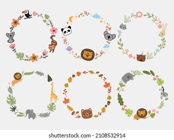Set of animals round frame. Collection of stylized flower wreath with kitten, hare, lion, bear etc. Cute pets with tropical plant. Vector illustration isolated on white background.
