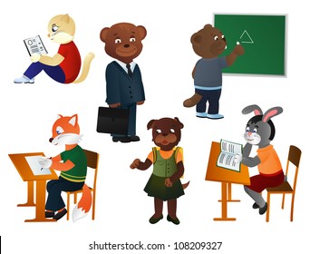 A set of animals school children on a white background, vector illustration