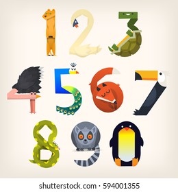 Set of animals shaped like numbers from 0 to 9. Vector illustrations for elementary education.