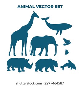 set of animals. animals silhoette vector design. giraffe elephant eagle butterfly bear whale dolphin vector design. animal silhoutte. 