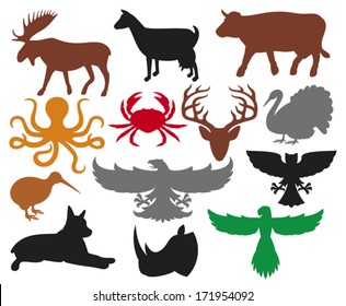 set of animals silhouettes (flying eagle, kiwi, cow, moose, goat, turkey, rhino, octopus ocean, deer, owl, crab, parrot, dog)