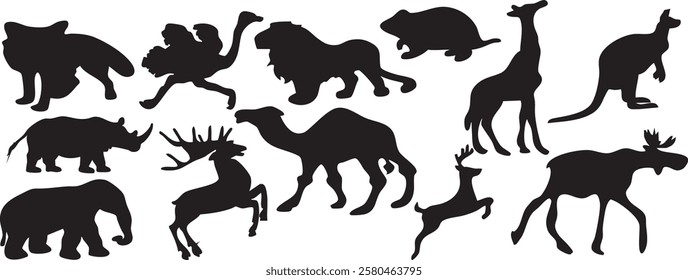 set of animals silhouettes, hand drawing pattern with animals Fox, ostrich, lion, mouse, giraffe, kangaroo, rhinoceros, elephant, deer, camel, gazelle.