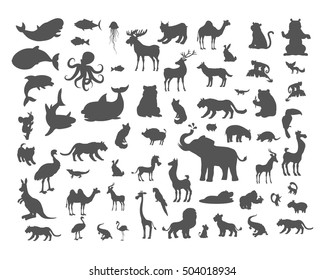 Set of animals silhouettes. Mammals, birds, fish, reptiles, amphibia, bats colection. Fauna of the world concept. Animals of North and South America, Europe, Africa, Asia, Australia. Vector icons