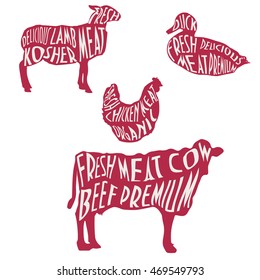 Set of animals silhouettes with texts. Good for menu or butcher's shop|market, restaurant. Animals vintage with a typography on. Ready for Package Design, Menu, Sticker, badge, stamp