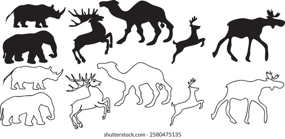 set of animals silhouettesl Elephant, rhinoceros, camel, deer