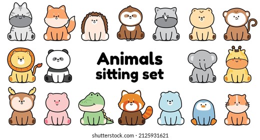 Conjunto de animales sentados sobre fondo blanco.Cebra,zorro,erizo,pereza,oso,mono,león,panda,elefante,jirafa,ciervo,cerdo,cocodrilo,panda roja,pingüino,hámster,rhinocartoon.Kawaii.Vector.Ilustración