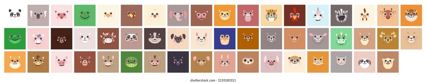 Set Animals Square avatar Cute portraits cartoon illustration flat vector raccoon, bear, sloth, panda, giraffe, fox, bunny, tiger, bear, tiger, dog, cat, frog, cow isolated for UI, app, mobile, kids