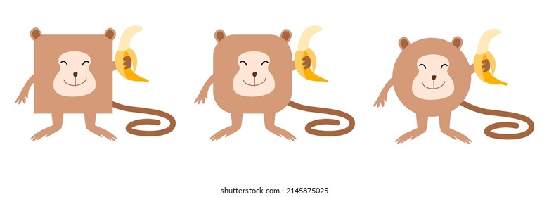 A set of animals of square and round shape. Vector illustration of a monkey with a banana