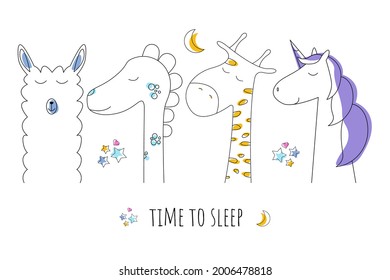 Set of animals in the style of doodle, time to sleep. Unicorn, alpaca, dinosaur and giraffe are sleeping. Vector illustration for children, on a white background.