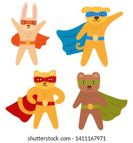 Set of animals superheroes. Vector hand drawn illustrations. Best for nursery, childish textile, greeting card, t shirt, print, stickers, posters design.