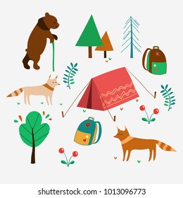 a set of animals with a tent and a backpack. camp in the woods. a set of forest animals. Cute cartoon card with fox, bear, tent and tree.  fairy-tale animals in the forest. children's stickers.