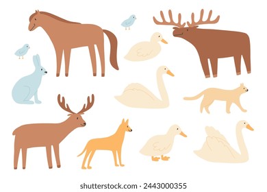 A set of animals that can be found on the street. Collection of deer, elk, hare, cat, dog, swan. Vector hand drawn illustration.