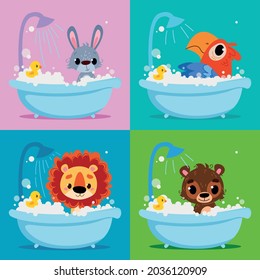 A set animals that are washed while sitting in the bathroom under the shower  Rabbit  parrot  lion   bear take care cleanliness   hygiene  Vector character art in cartoon kids style 
