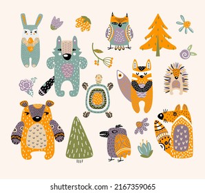 Set of animals and trees in scandinavian style. Set of decorative elements for children. Vector illustration.