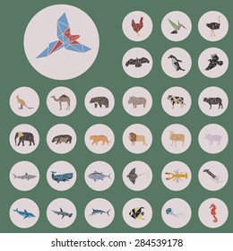 Set of animals, triangle style, wildlife, agriculture animals, aquatic animals ,amphibian, fly, poultry