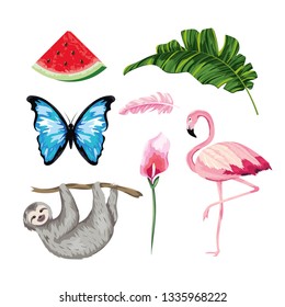 set animals with tropical watermelon and leaves with leaf
