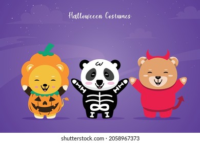Set animals use costumes for Halloween party celebrations, funny costumes with scary Halloween backgrounds.