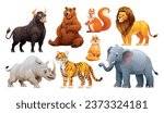 Set of animals vector cartoon illustration. Bull, bear, squirrel, lion, rhino, tiger, cat and elephant