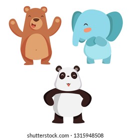 Set of animals vector cartoon illustration. Bear cartoon, elephant cartoon and panda cartoon illustration.