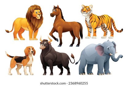 Set of animals vector cartoon illustration. Lion, horse, tiger, dog, bull and elephant