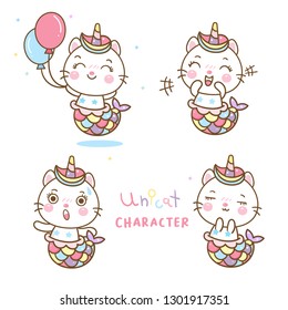 Set animals Vector cat mermaid in unicorn kawaii style with pastel color (illustrator): Series Happy set, fairly tales character- card and Print for t-shirt. Romantic hand drawing or decoration kid’s 