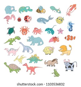 Set of animals. Vector dinosaur, fish, lion.