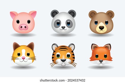 Set of animals vector emoji illustration. Pig, bear, panda, cat, fox and tiger in cartoon style. Collection of mixed cartoon animals. 3d illustration.