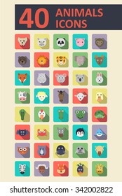 Set of animals vector flat icons with trendy long shadow 