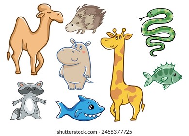 set animals vector shark hippopotamus giraffe camel raccoon snake fish goose porcupine